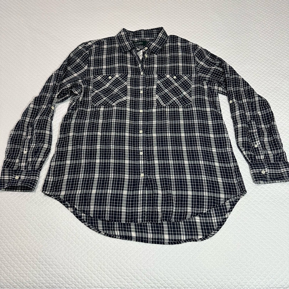 Lauren Ralph Lauren Navy & White Plaid Button-Down Shirt Sz XL